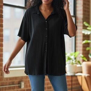 Open Edit Large Black Button Down Accordian Pleats Ribbed Shirt P3